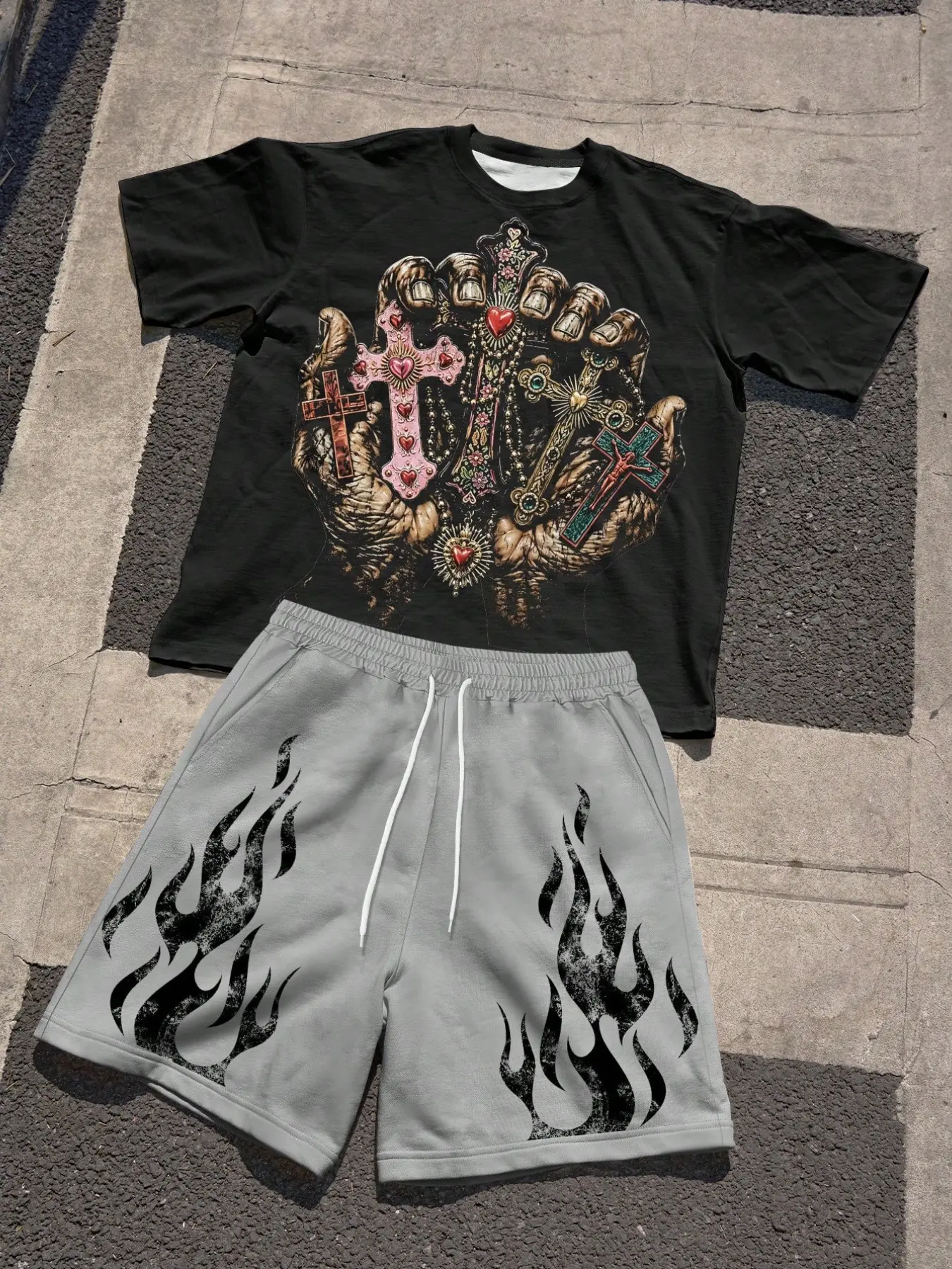 Men's & 2-Piece Sports Set, Vintage Y2K Gothic Streetwear, Retro Print Top + Drawstring Shorts, Summer Festival Fashion