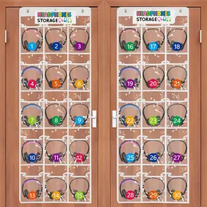 2 Pack Classroom Headphone Storage Organizer with 30 Pockets, PVC Clear Classroom Pocket Chart for Headphone Cell Phone Over-the-Door Hanging Headphone Holder Bag with 62 Labels(White)