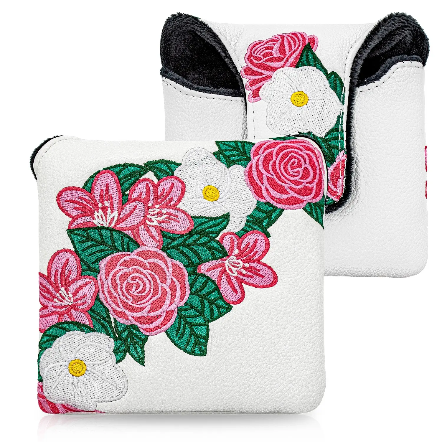 Vibrant Peony Floral Embroidery Golf Putter Headcover, Waterproof PU Material, Magnetic Closure, Shock-Absorbing Lining, Unisex Golf Accessory