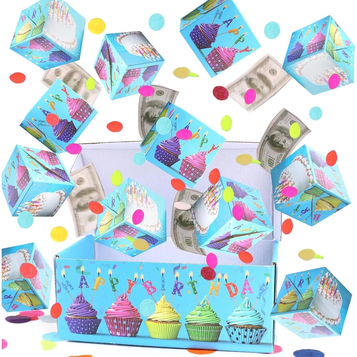 Birthday Surprise Box Gift Box for Money, Happy Birthday Surprise Gift Box Explosion with Confetti, Exploding Gift Box for Men Women Kids(Blue)