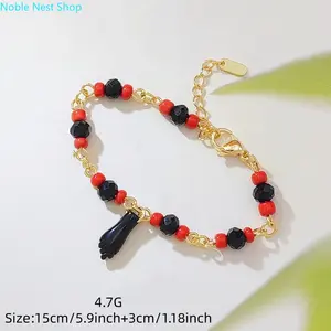 Women Red Black Beaded Evil Eye Protection Bracelet, 14K Gold Plated Adjustable Chain with Black Obsidian Hand Charm, Dainty Stackable Spiritual Wrist Jewelry for Daily Meditation & Faith Gifts