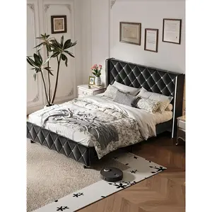 Bed frame, mattress not included, upholstered platform bed frame, equipped with wing-shaped diamond-pattern headboard#Summer Garden, Father's Day Gift Ideas