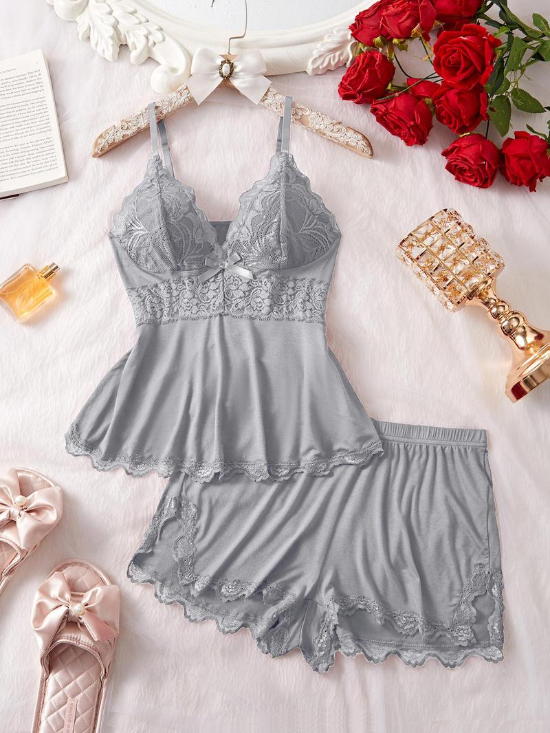 Women's Solid Color Lace Trim Cami Top & Shorts Pyjama Two-piece Set, Casual Comfy Camisole & Shorts Lingerie Set, Women's Sleepwear for All Seasons