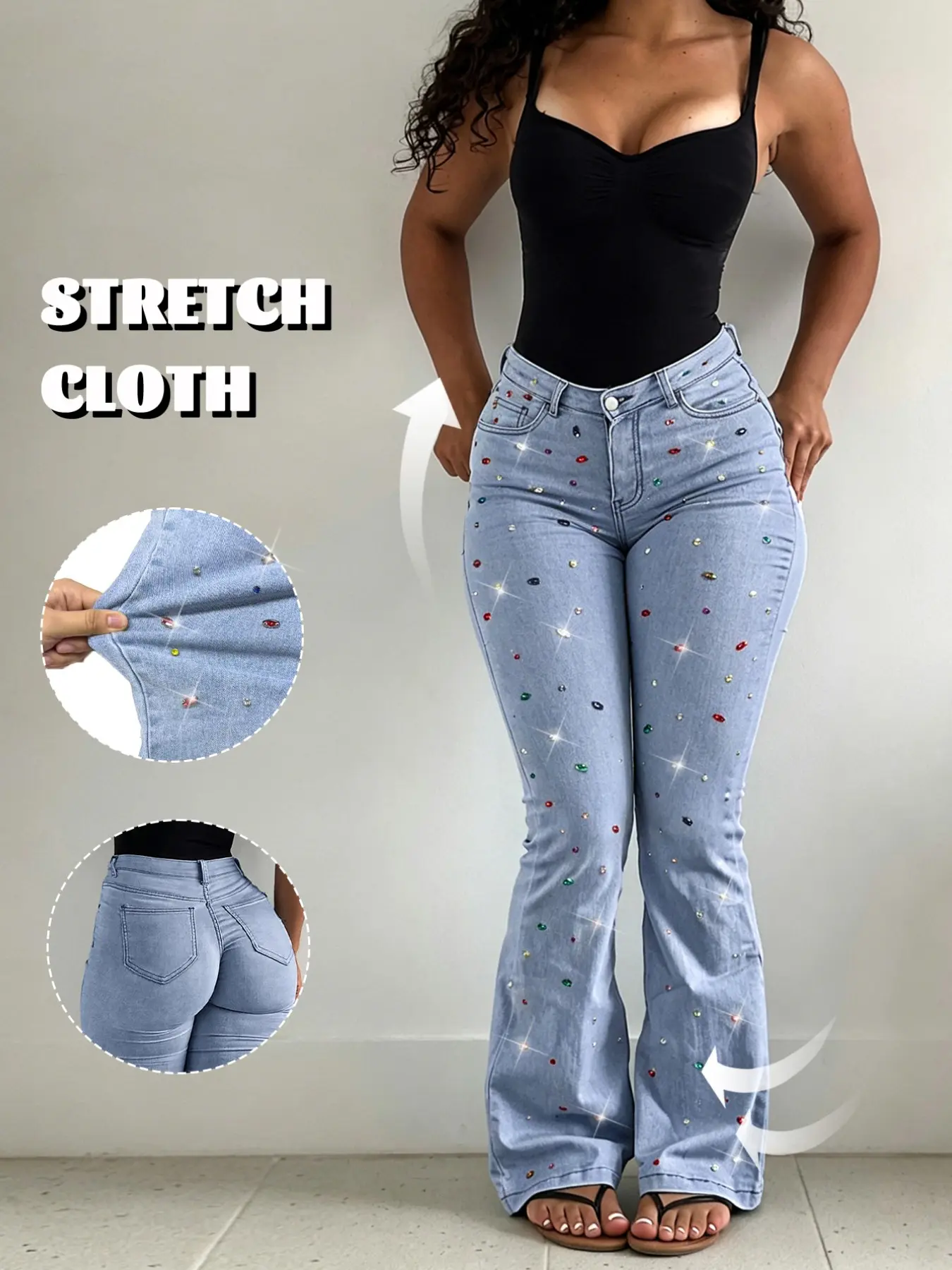 GILIPUR Women High Waist Multicolor Rhinestone Flare Jeans, Stretchy Light Wash Sparkly Bell Bottom Denim Pants Curvy‑Friendly Y2K Club Party Outfit TChic