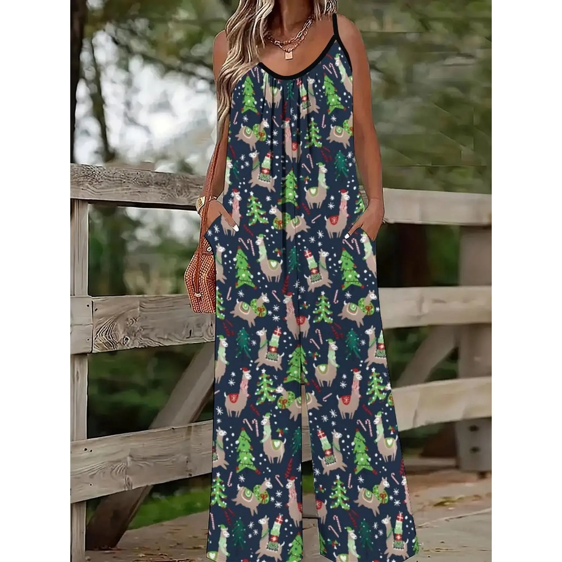 Beautiful Women'S Fashion Casual Holiday Christmas Pattern Reindeer Snowflake Print Spaghetti Strap Sleeveless Pocket Jumpsuit Romper