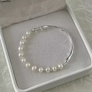 Vintage 925 Sterling Silver Pearl Bracelet - Handmade Luxury Irregular Metal Knots Charm Bracelet for Women Birthday Anniversary Gifts