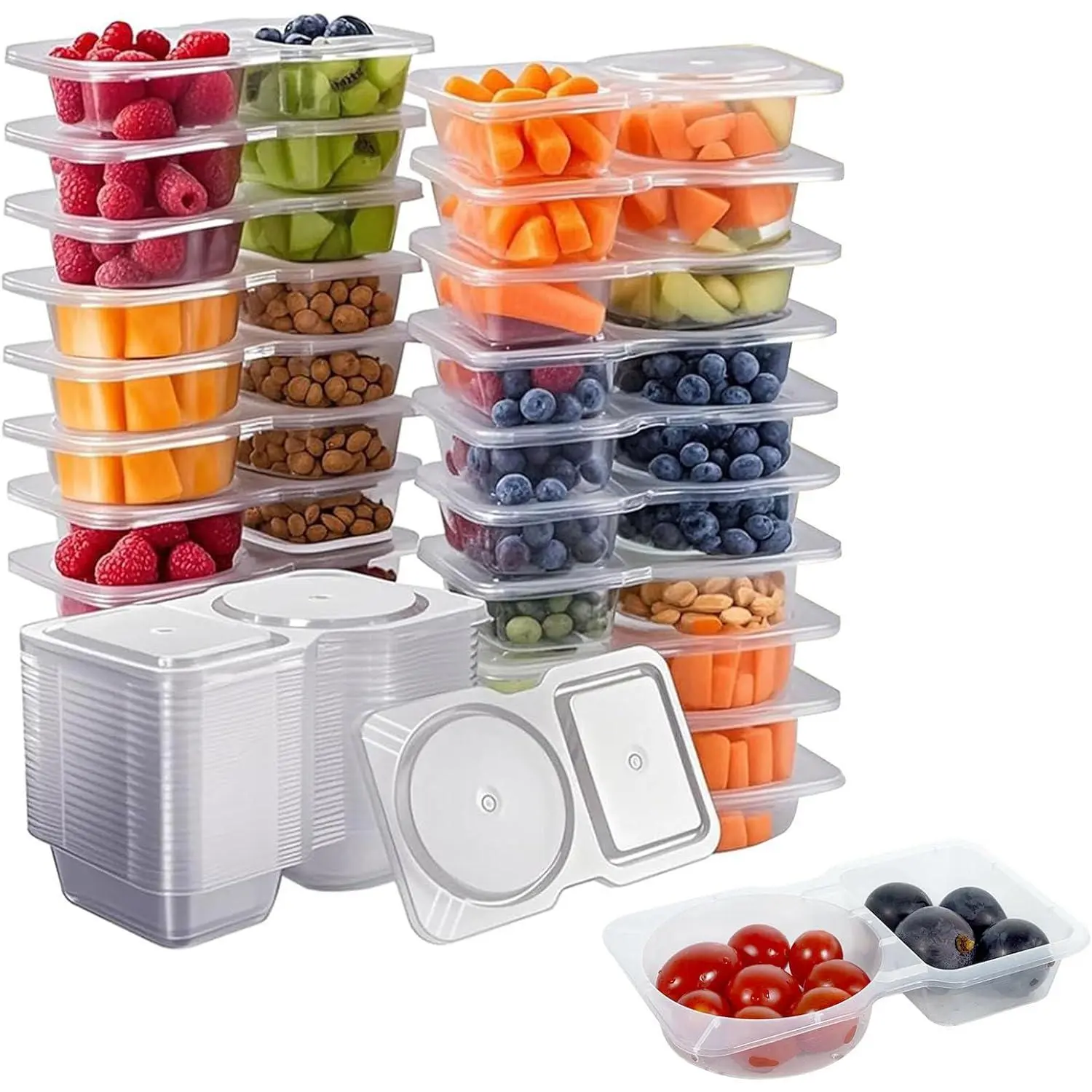 20pcs Leakproof Snack Food Storage Containers with Lids, 2-Compartment Airtight Reusable Portion Control Containers, Leakproof Dipping Sauce Holders for Kids Going Out School, Airtight Reusable Containers