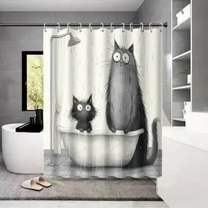 1 Cute Cat Shower Curtain – Includes Hooks | Machine-Washable, Waterproof Polyester Bathroom Decor | Privacy-Focused, Cordless Safety Design | The Perfect Bathroom Accent for Cat Lovers | Grommet-Top Style | Creative Home Decor | Includes 12 or 24 Hooks