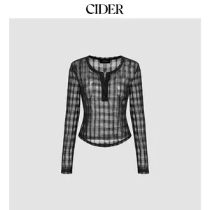 Cider [11 colors, size 0-10] Round Neckline Check Button Long Sleeve Top