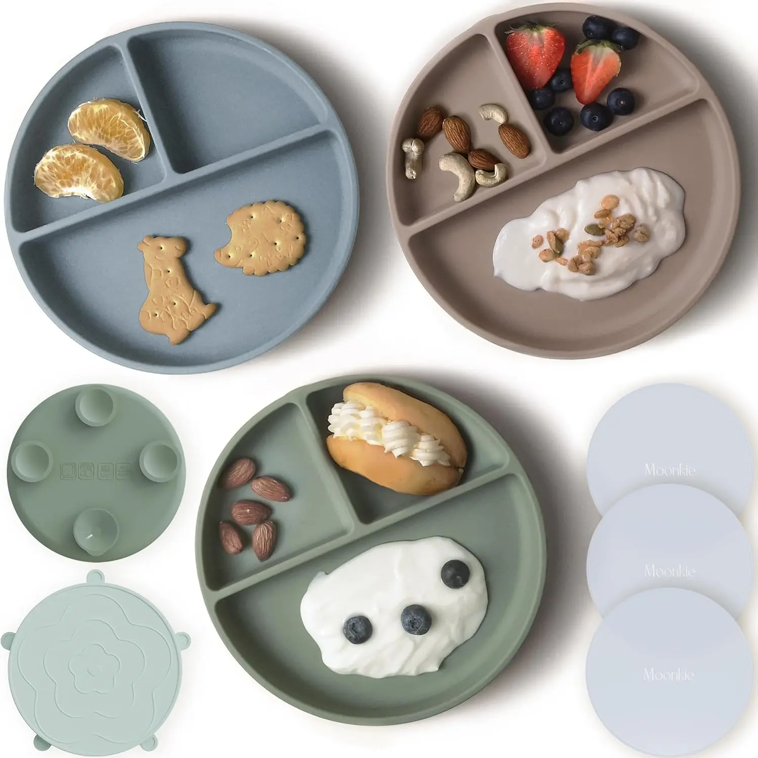 Suction Plates  Baby |     100% Silicone BPA-Free Baby Plates with Lids and Food Cover |     Divided Design |     Microwave and Dishwasher Safe |     Toddler Plates 3 Pack