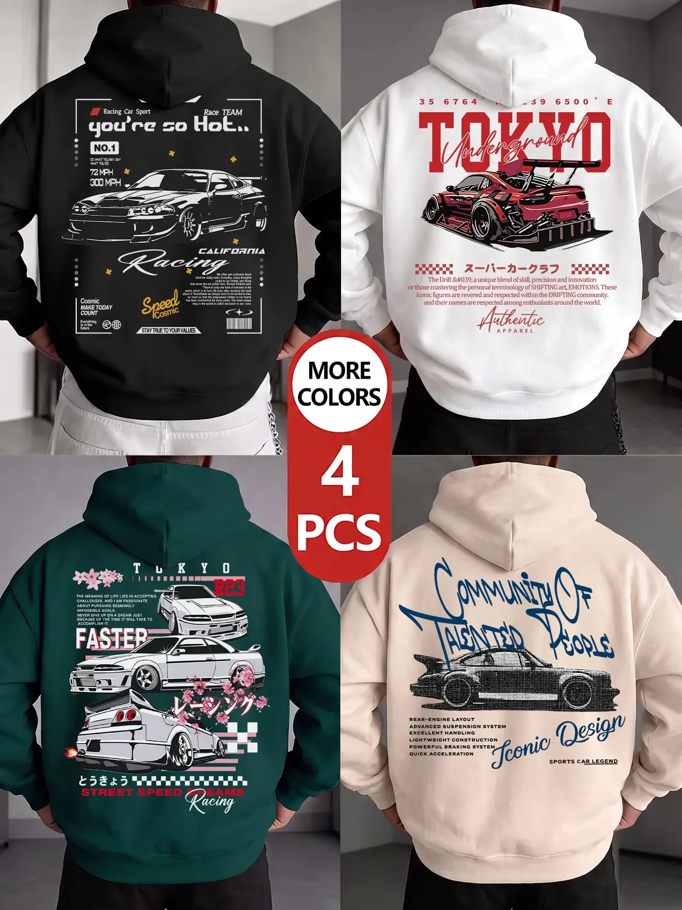 4-Pack JDM Racing Car Graphic Hoodies, Long Sleeve Loose Fit Unisex Streetwear, Tokyo Drift Sports Car Print Hooded Sweatshirts, Retro Automotive Street Style Casual Hoodies