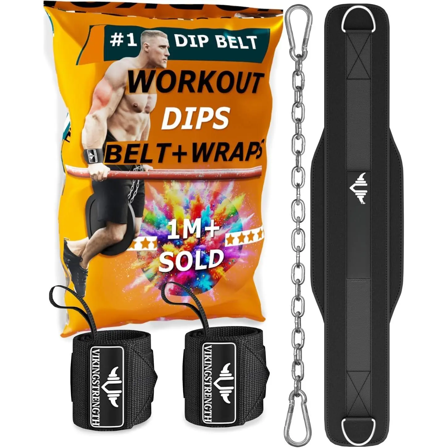Dip Belt for Weight Lifting Including Wrist Wraps.  Padded Dips Belt with Long Chain for Pullups Triceps Weighted belt for Workout Powerlifting + V-Strength Workout App