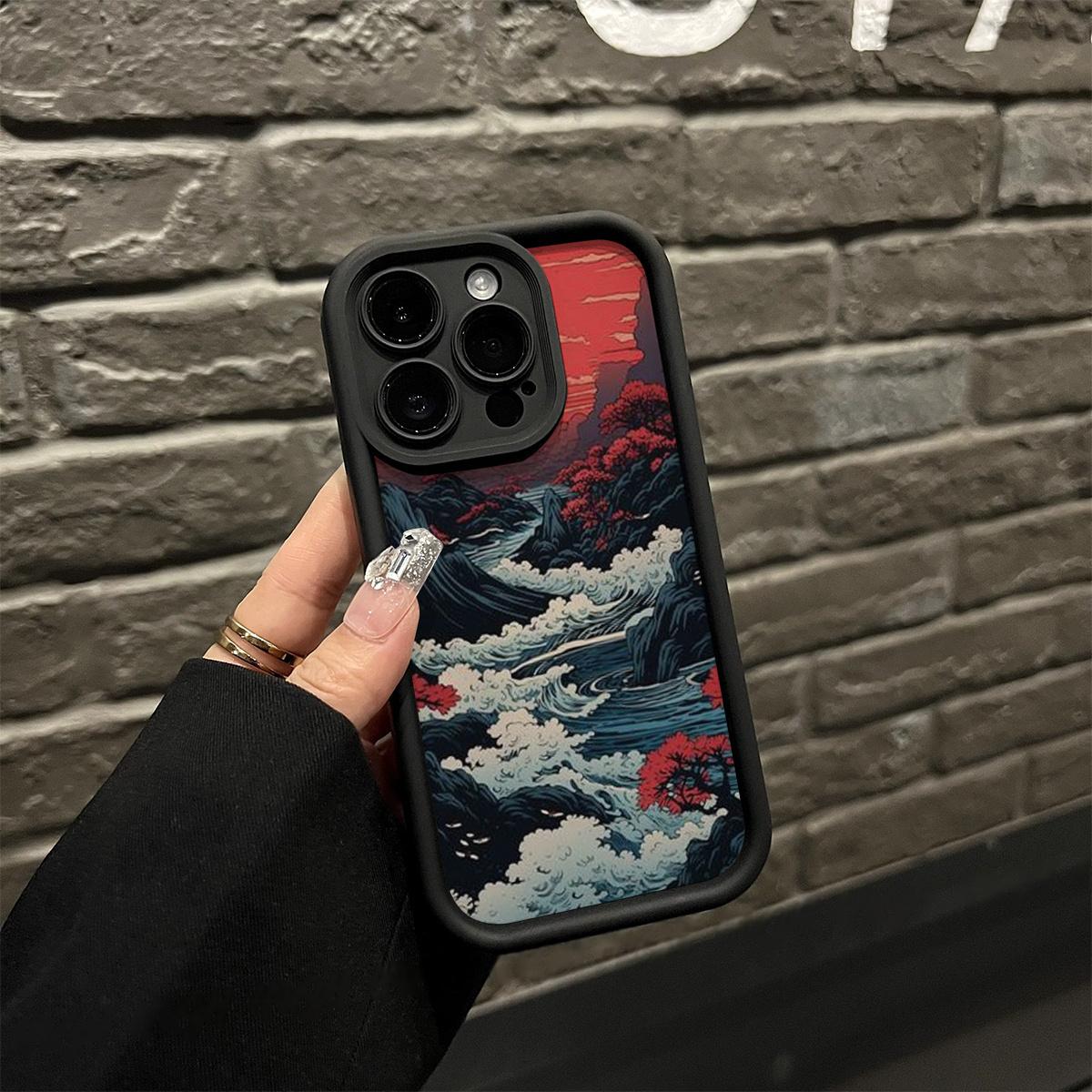 A Soft Matte Shock-Resistant Cover Featuring a Japanese Wave Pattern, Designed for iPhone 17 E Air Pro ProMax iPhone16 15 14 Plus 13 12 Mini 11 X XS XR, Crafted from Flexible TPU Material with