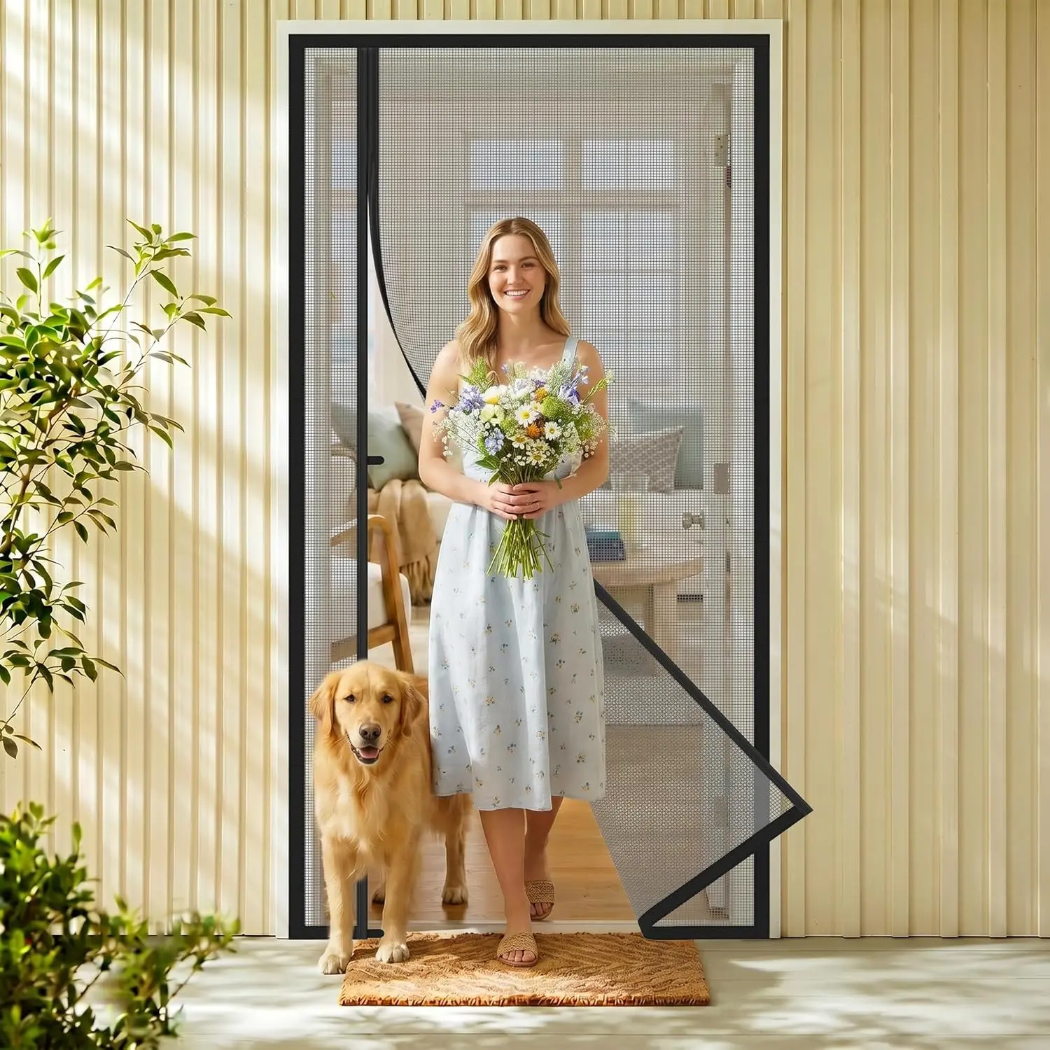 Side Opening Magnetic Screen Door, Fit Door Size 32" x 80",Screen Size 34" x 81", Reversible Left/Right Screen Door Mesh with Strong Magnet, Keep Bugs Out Let Breeze in,Pet&Kid Friendly, Grey