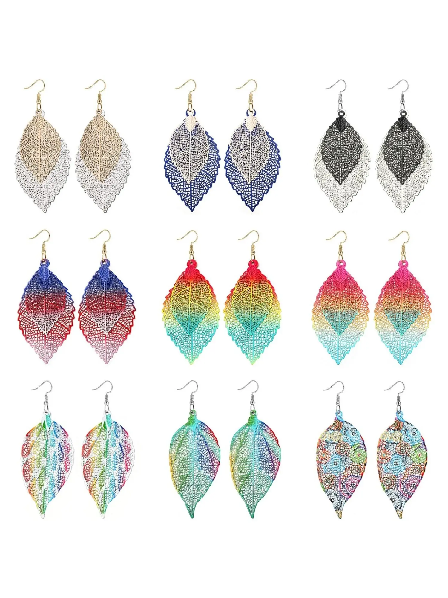 9 Pairs Colorful Hollow Leaf Alloy Drop Earrings for Women Stainless Steel Hypoallergenic Hooks Boho Filigree Dangle Earrings Multi-section Gradient Rainbow Printed Floral Leaf Designs Ideal Summer Statement Ear Accessory for Vacation Summer Travel
