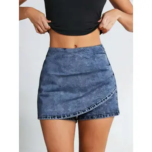 Casual Denim Skort with Crossover One-Piece Detail, Fashion Streetwear for Everyday Outfits