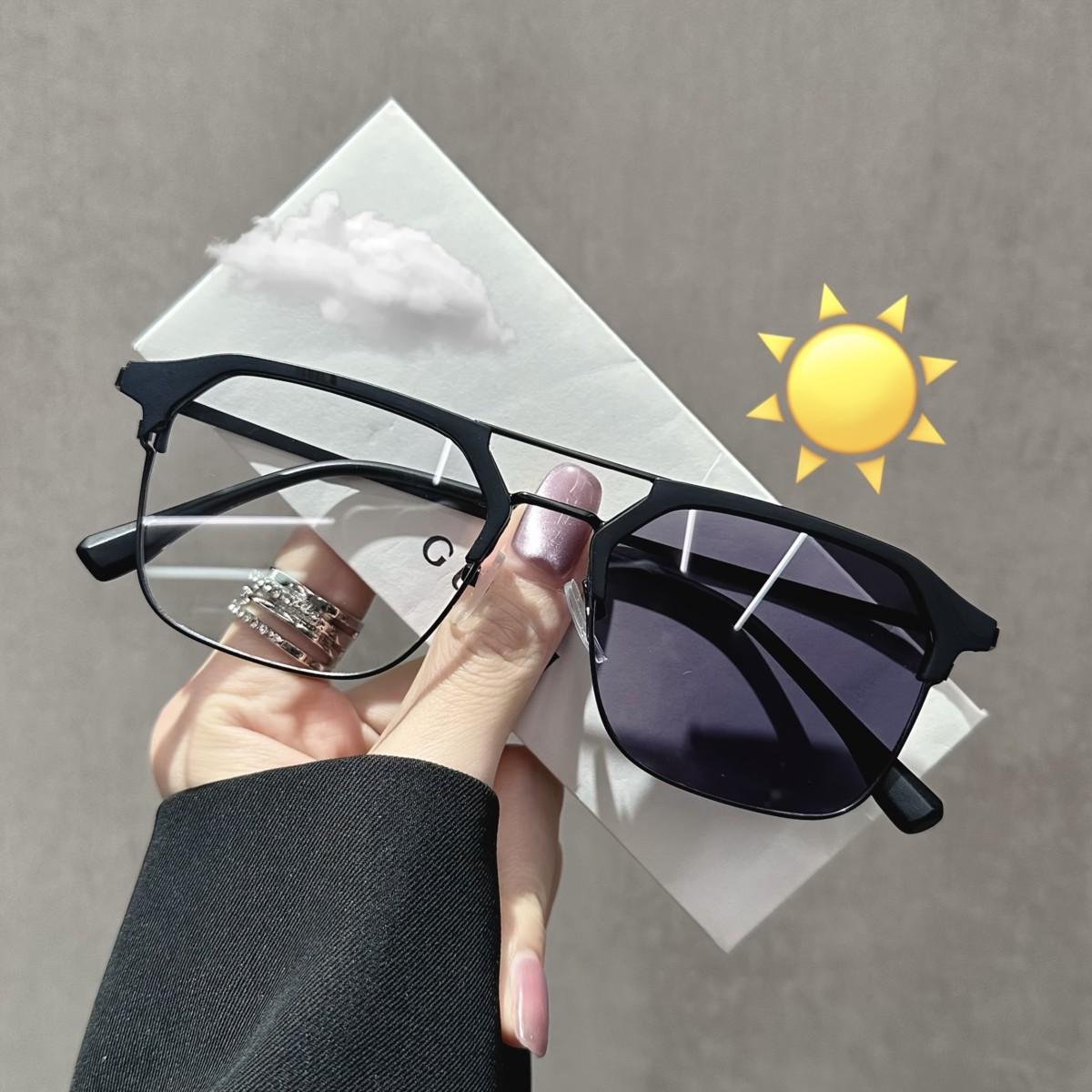 1 Pair of Y2K Style Unisex Square Frame Photochromic Glasses, Semi-rimless Light-sensitive Tinting Glasses, Men's Brow Frame, Multifunctional Casual Eyewear