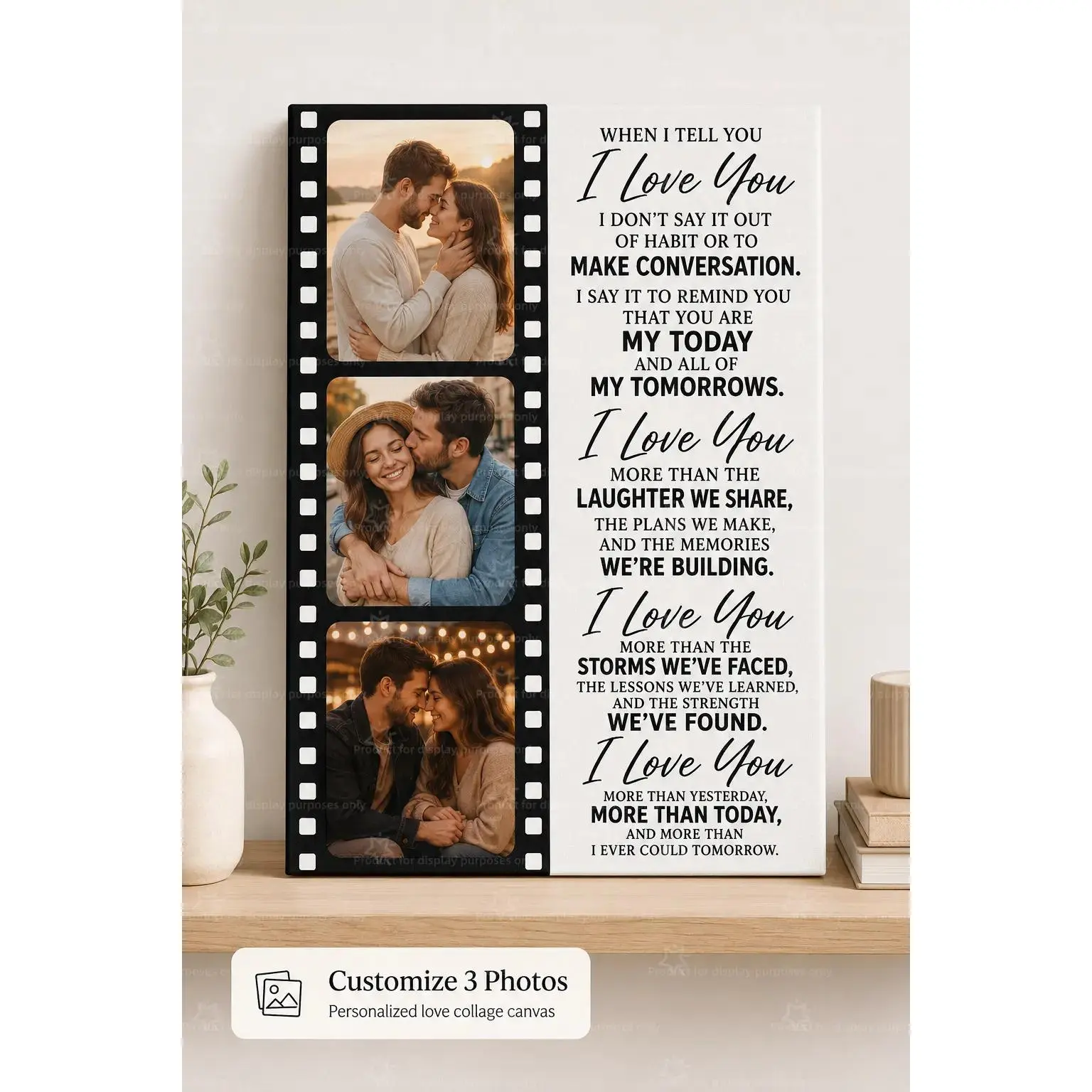 Custom 3 Photo Filmstrip Canvas Poster, Personalized Love Quote Wall Art Print, Romantic Couple Photo Collage, Anniversary Wedding Gift, Bedroom Living Room Decor, Aesthetic Poster Print, Framed or Unframed Canvas
