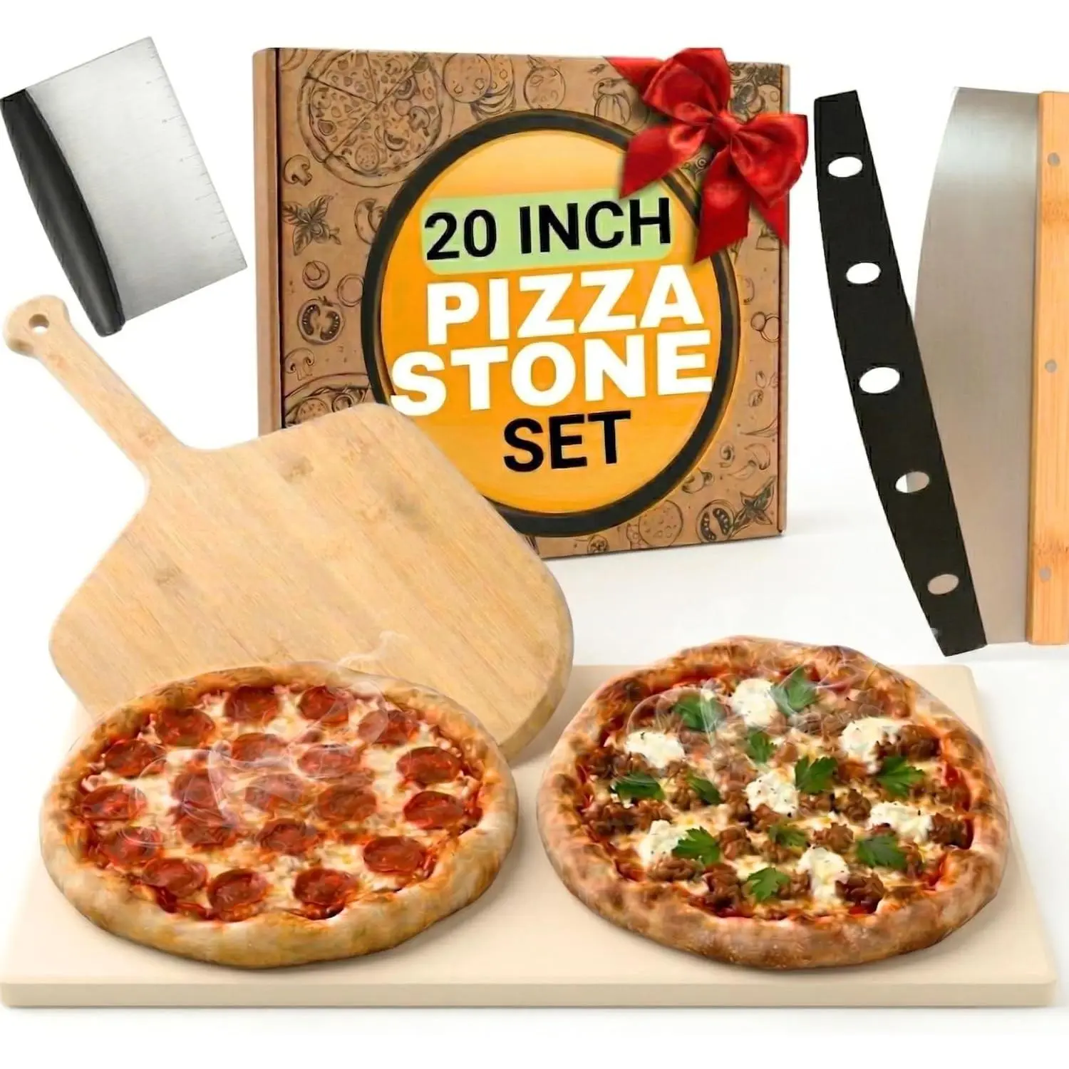 Large Pizza Stone for Oven and Grill 20 Inch - Cordierite Pizza Stones with Wooden Pizza Peel, Dough Tool & Pizza Cutter Set - Makes Crispy Homemade Pizza & Bread - 20" x 13.5" Baking Stone