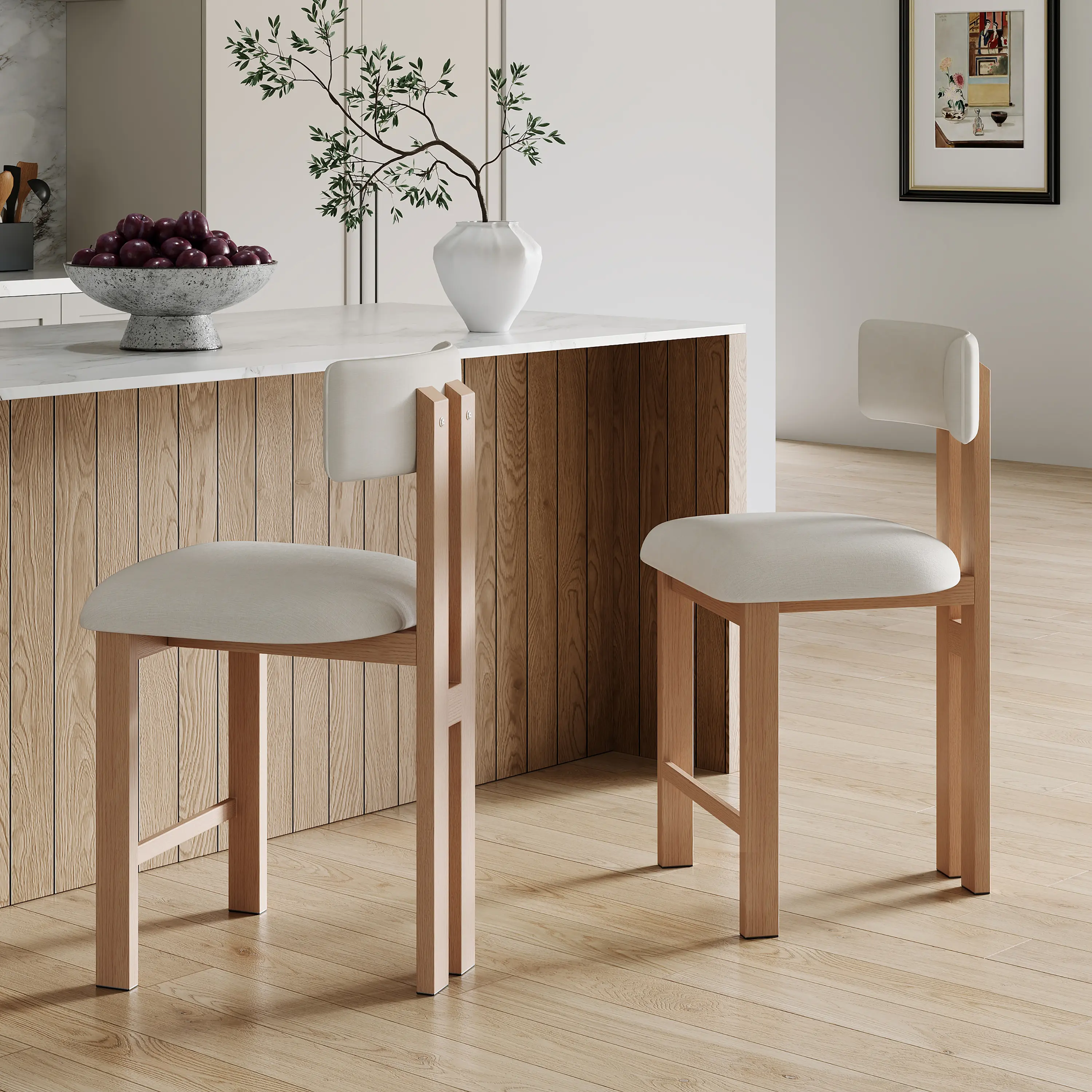 ARCH 26.5 Inch Round Low Back Stool Upholstered Comfortable Seat Natural Wood Color Metal Frame Kitchen Dining Room Counter Bar Stool Modern Stylish Vanity Accent Stool with Backrest for Home Kitchen Island Breakfast Nook, Living Room Table for