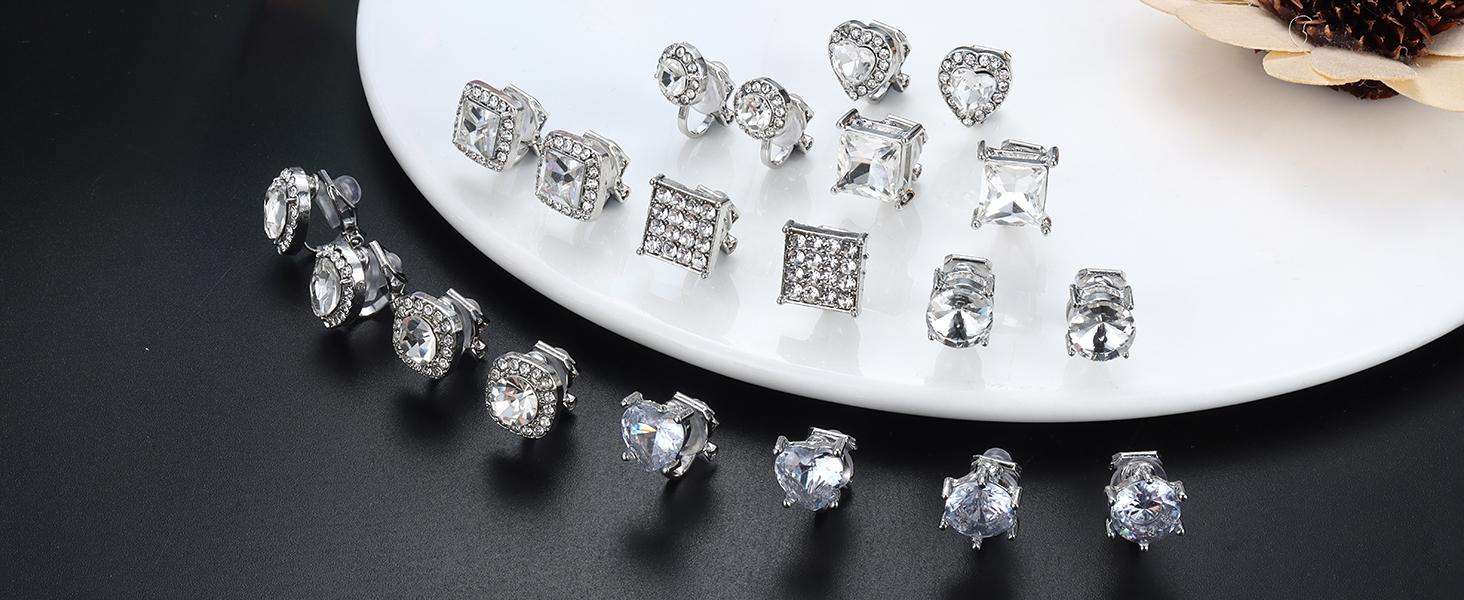 LOYALLOOK 10Pairs Cubic Zirconia Clip On Earrings for women Square Heart Ear Clips Earring Crystal Non-Pierced Clip Earrings