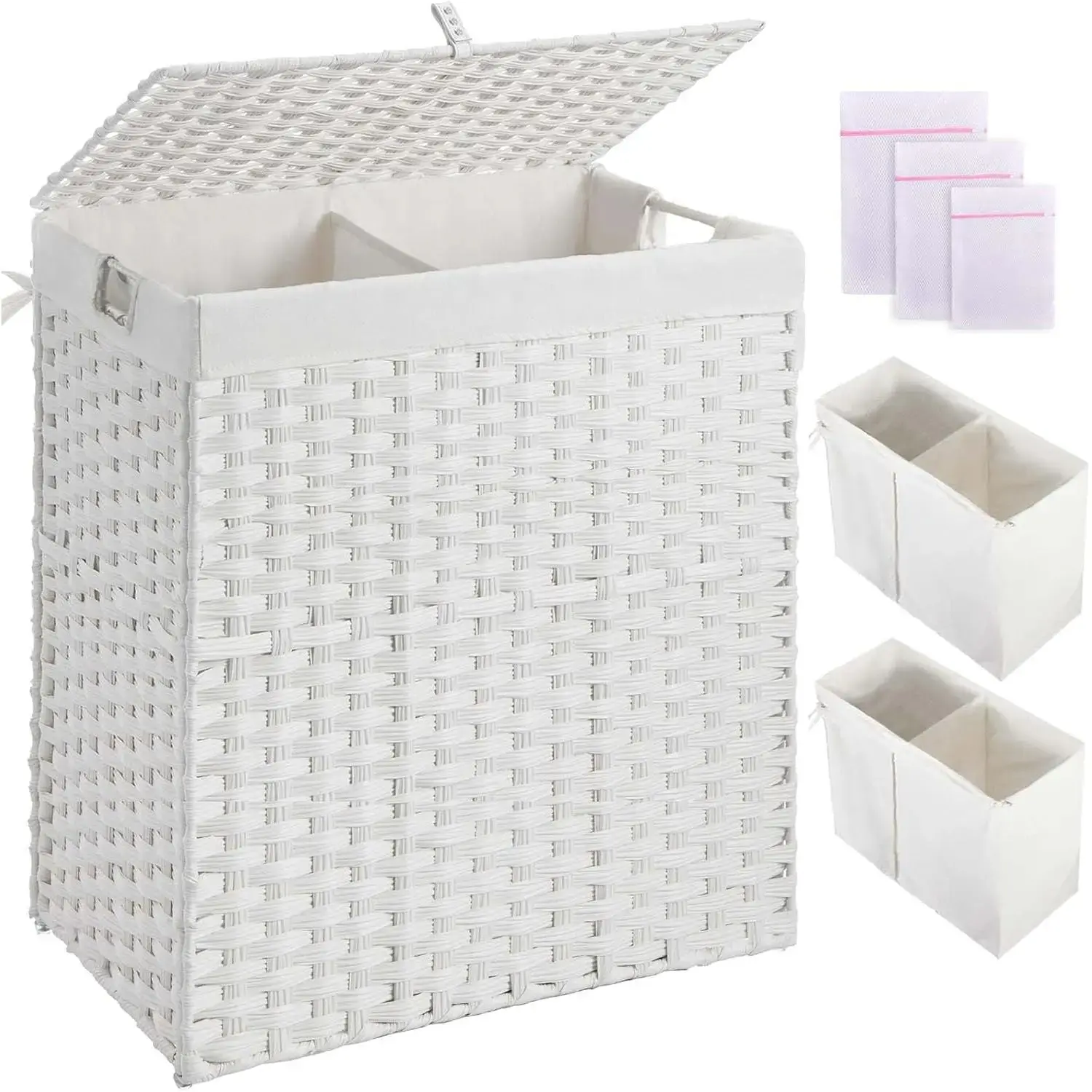 Greenstell Laundry Hamper with lid, No Install Needed, 110L Wicker Laundry Baskets Foldable 2 Removable Liner Bags, 2 Section Clothes Hamper Handwoven Rattan Laundry Basket with Handles, White