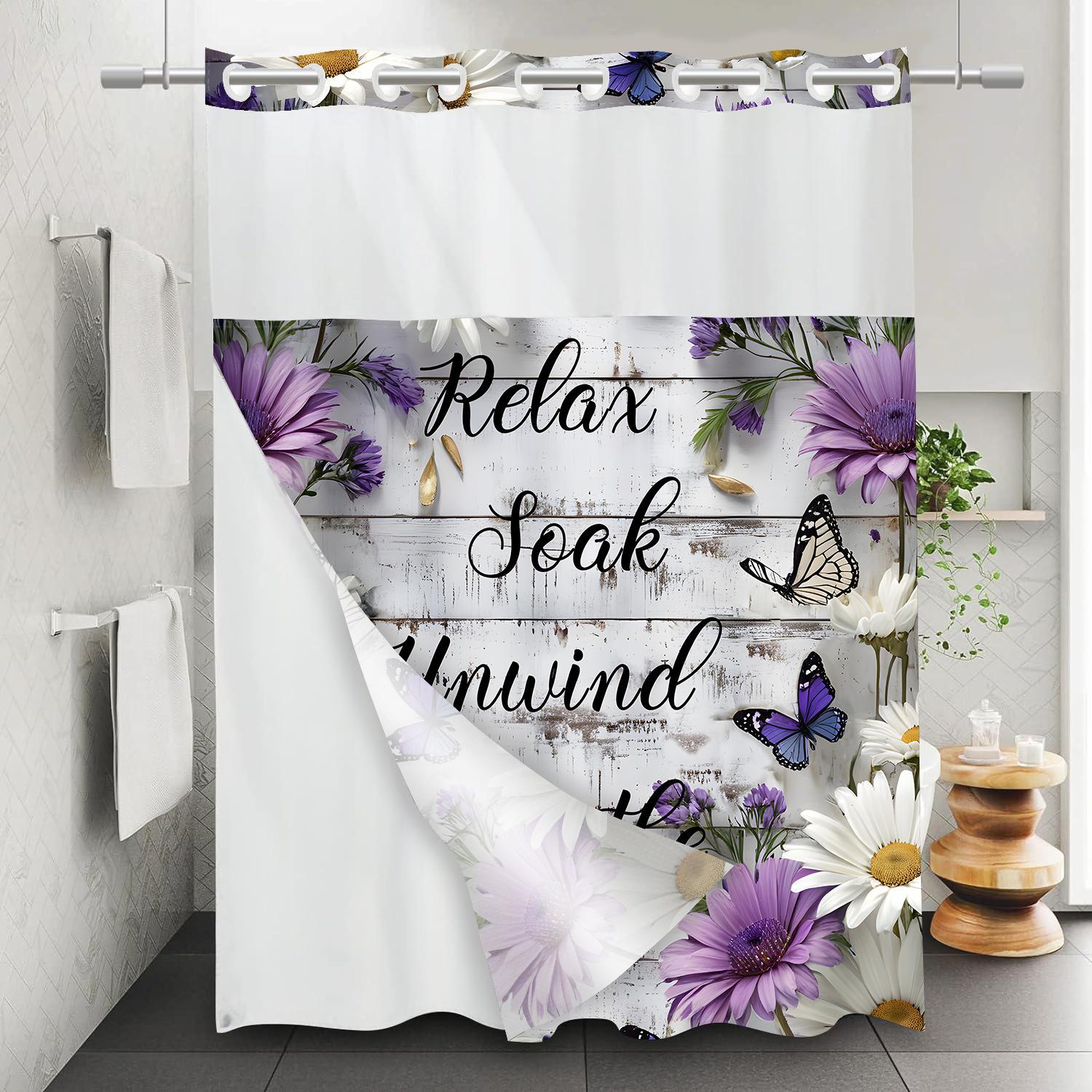 Floral Butterfly Letter Pattern Shower Curtain, 1 Count Waterproof Shower Curtain with Hooks, Bathroom Decor Supplies for Home Hotel Salon Dormitory