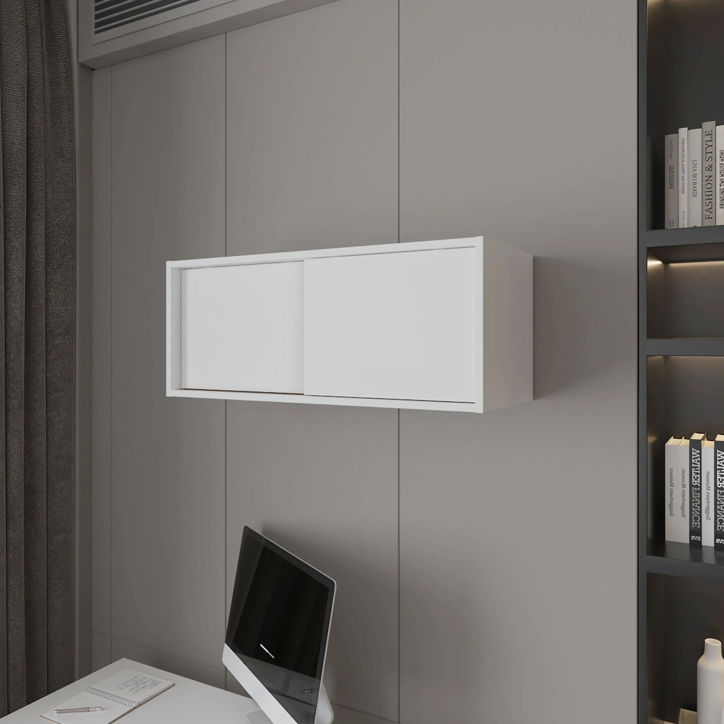 Nokaa Wall Mounted Floating Cabinet with Sliding Door for Office, White Melamine Particle Board Storage Cabinet with Shelves, Space Saving Modern Design for Study Room, Books, Documents, Decor, 31.9"W x 13"D x 13"H, Assembly Required