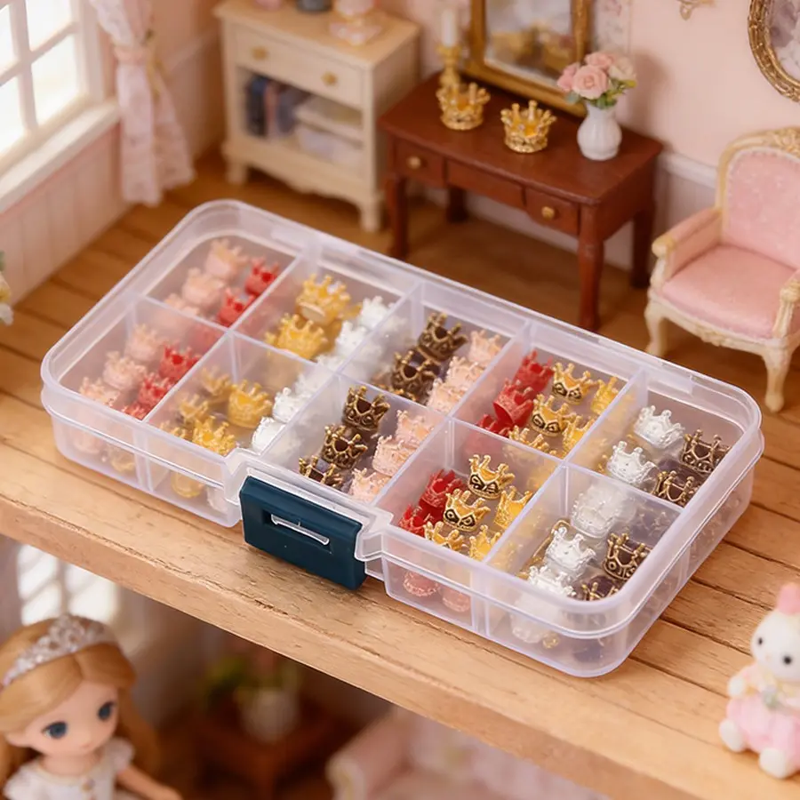 50Pcs 1cm Mini Alloy Crown Charms with 1pc Storage Box - Tiny Metal Crowns for Dollhouse Decor, Doll House Accessory, Miniature Furniture Embellishments, DIY Jewelry & Wedding Favors