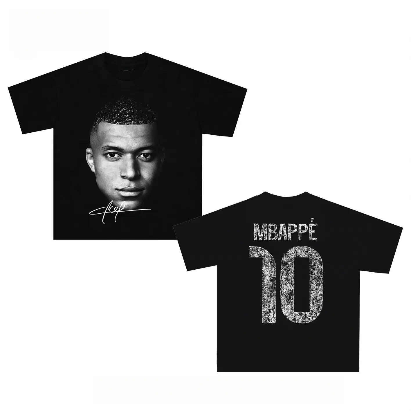 Kylian Mbappé # 10 Front Back Print Signature Portrait Tee Black Vintage Oversized Soccer Graphic T-Shirt Heavyweight Cotton Streetwear Unisex