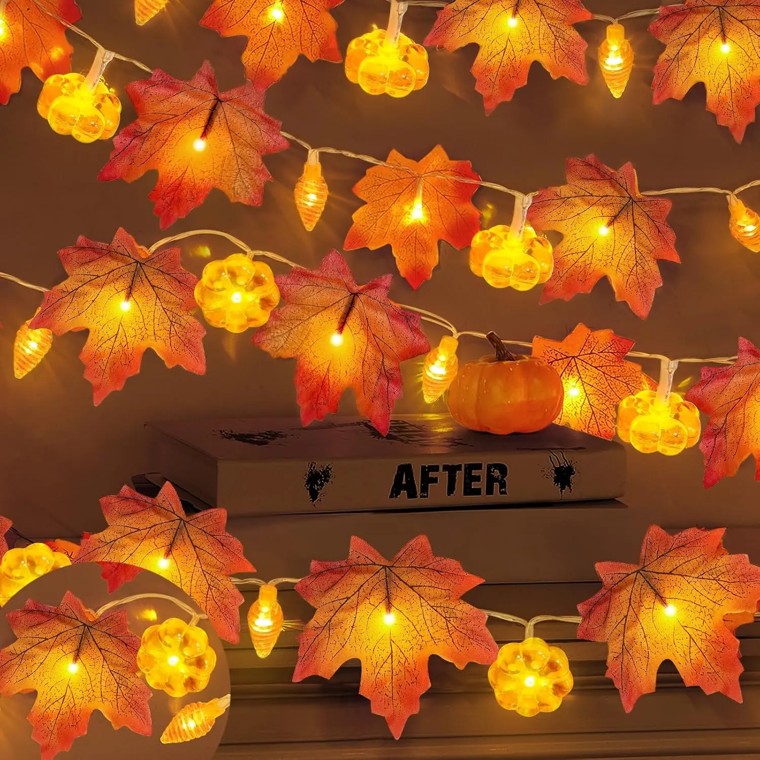 2 Pack & Timer Thanksgiving Decorations Fall Garland with Pinecone Pumpkin Lights Thanksgiving Garland  13 Ft 60 LED Enlarged Maples Leaves Garland Fall Lights  Operated for  Christmas