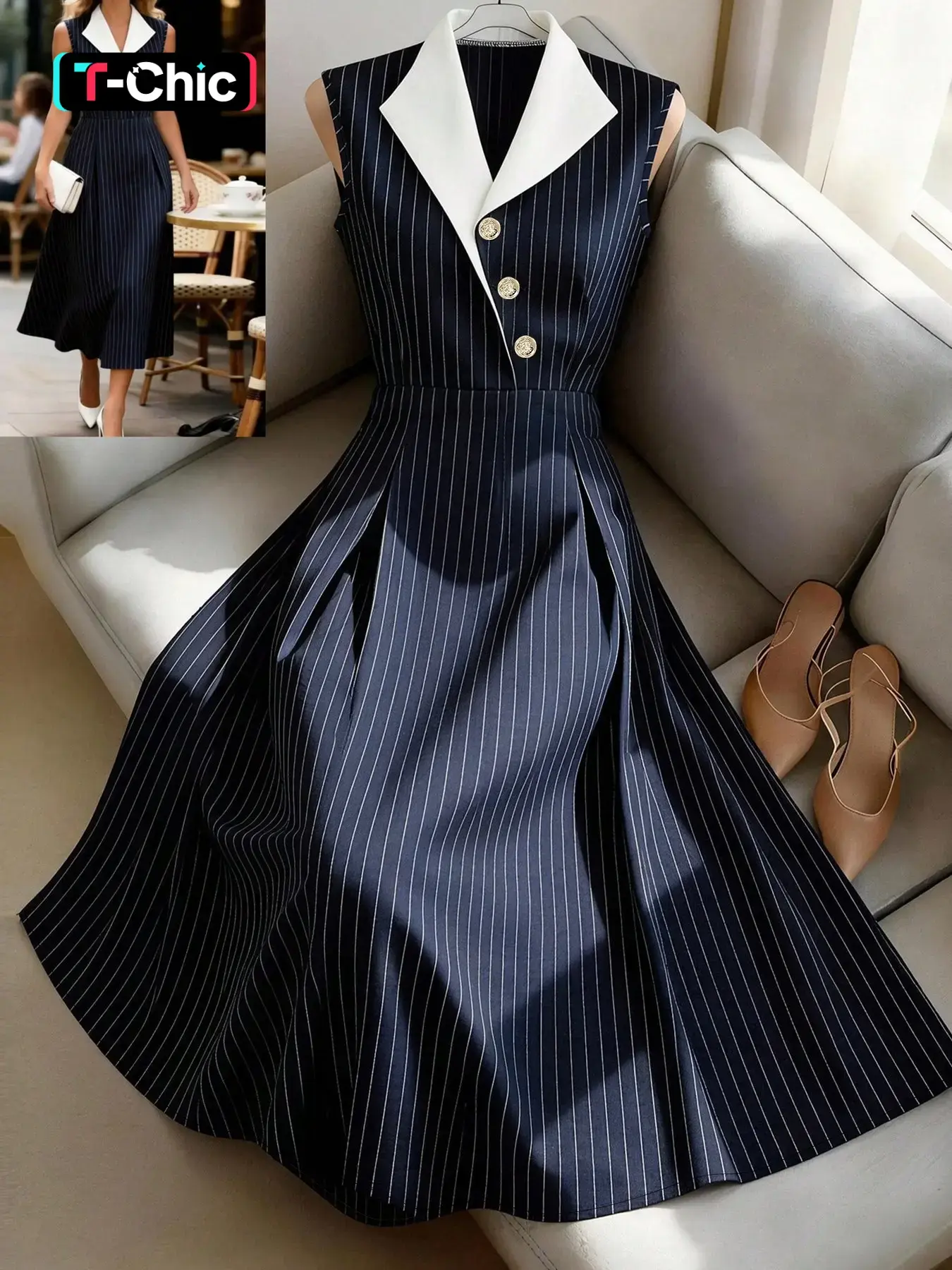 Tartan Lapel Dress, Lapel Neckline French Vintage Striped Sleeveless Midi Dress, Chic Office Wear, Business Casual Dress, Elegant Summer New Arrival, Aesthetic, Ff2617