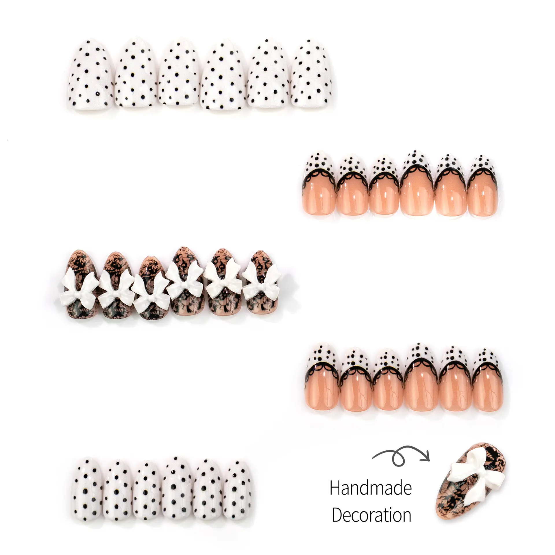 30Pcs Elegant Black White Wave French Press On Nails, Sweet Polka Dot Pearl Bow Fake Nail Tips, Versatile European Style Daily Party Manicure Accessories Christmas Ghost Bogg Bag Charm
