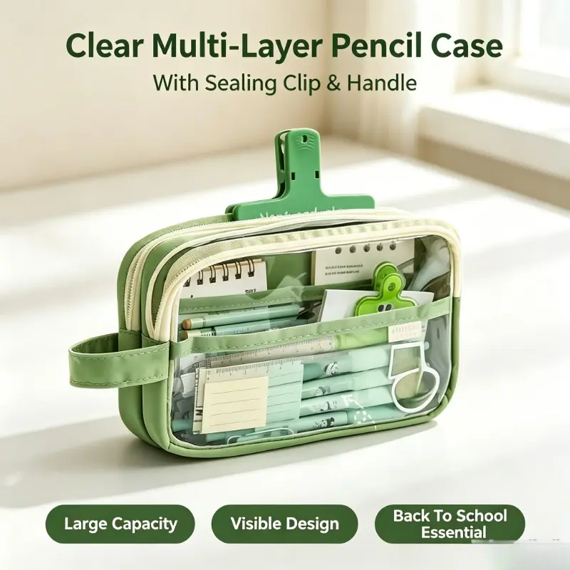 Clear Transparent Pencil Case with Sealing Clip, Multi-Layer Large Capacity Pencil Pouch, Portable Handheld Stationery Bag for Students, Office Supplies