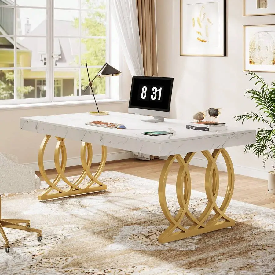 63-Inch Modern Executive Desk, Office Computer Desk With Stylish Gold Legs, Rectangular Workstation Home Office Or Small Conference Table Meeting Room (White And Gold)