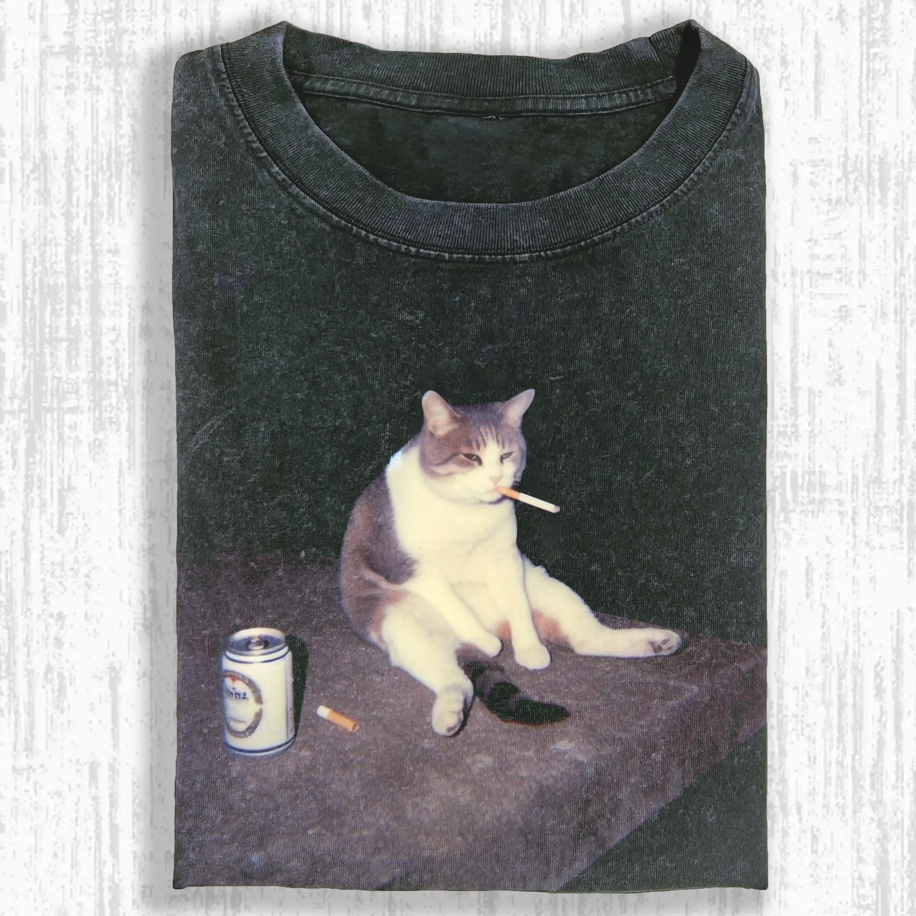 Funny Cat Vintage Washed Crew Neck Tee Heavyweight(280g) Regular Fit Casual Comfort Breathable Short Sleeve Funny T-shirts for Summer Fashion Men&Wome