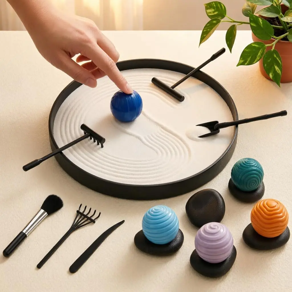 Desk Zen Kit with 6 Textured Sensory Balls, Sand &, Mini Meditation Set for Stress Relief and Desktop Decor