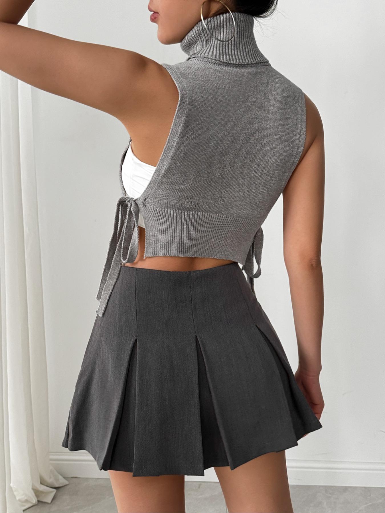 Spring Summer Women's Sexy High Neck Tie Back Vest, Fashion Outerwear, Elegant Knitted Short Jacket, Slim-Fitting Blouse