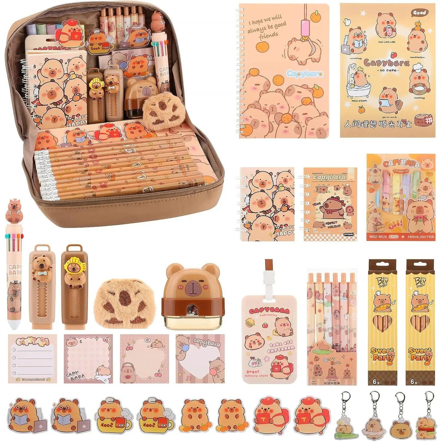Lebaley Capybara Gifts - 27PCS Capybara Pencil Case,Capybara Stationery Set,Cute Back to School School Supplies,Pencil Bag include Gel Pens Pencil Sticky Notes Pins Notebook Card Holder Key Chain