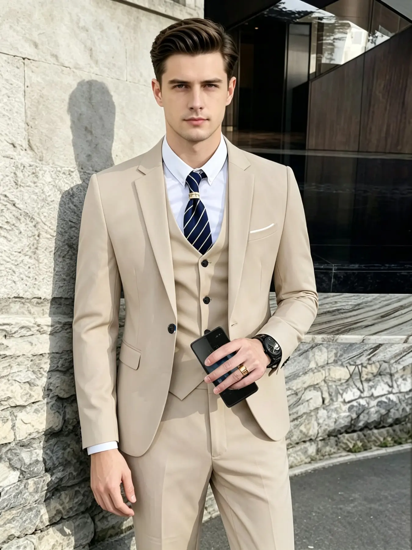 Men's autumn Beige Suit  Men's Fashionable High-Quality Business Tuxedo  Men's Solid-Color fitted Wedding Dress for the Groom