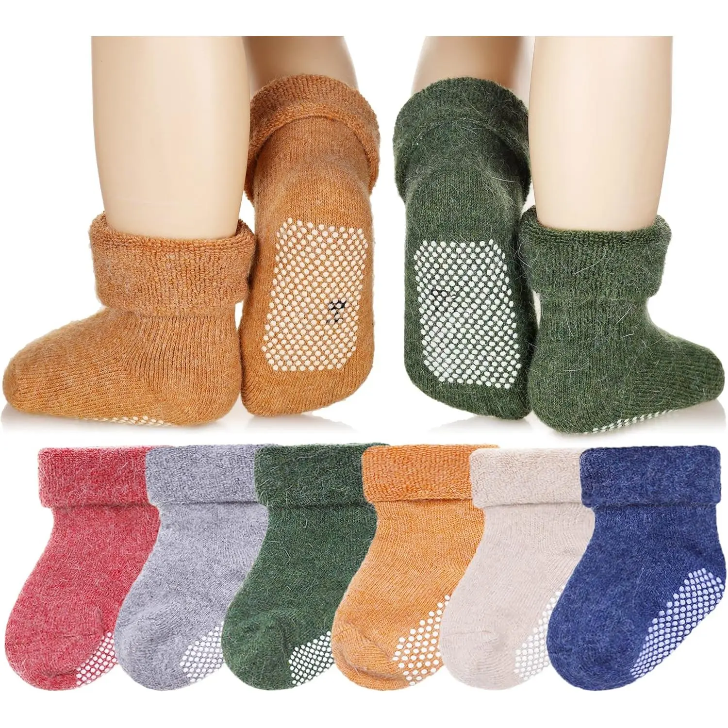 Eyean Baby Thick Wool Crew Socks, Soft Non-Slip Winter Warm Grip Socks for Toddler Boys & Girls (6 Pairs)