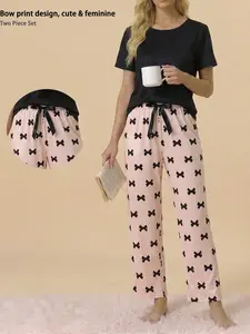 Women's Two Piece Loungewear Set Pajamas Short Sleeve Long Pants Butterfly Print Sleepwear Valentine Gift Gathering Fashion Loungewear Suitable For Daily Going Out Perfect Gift.