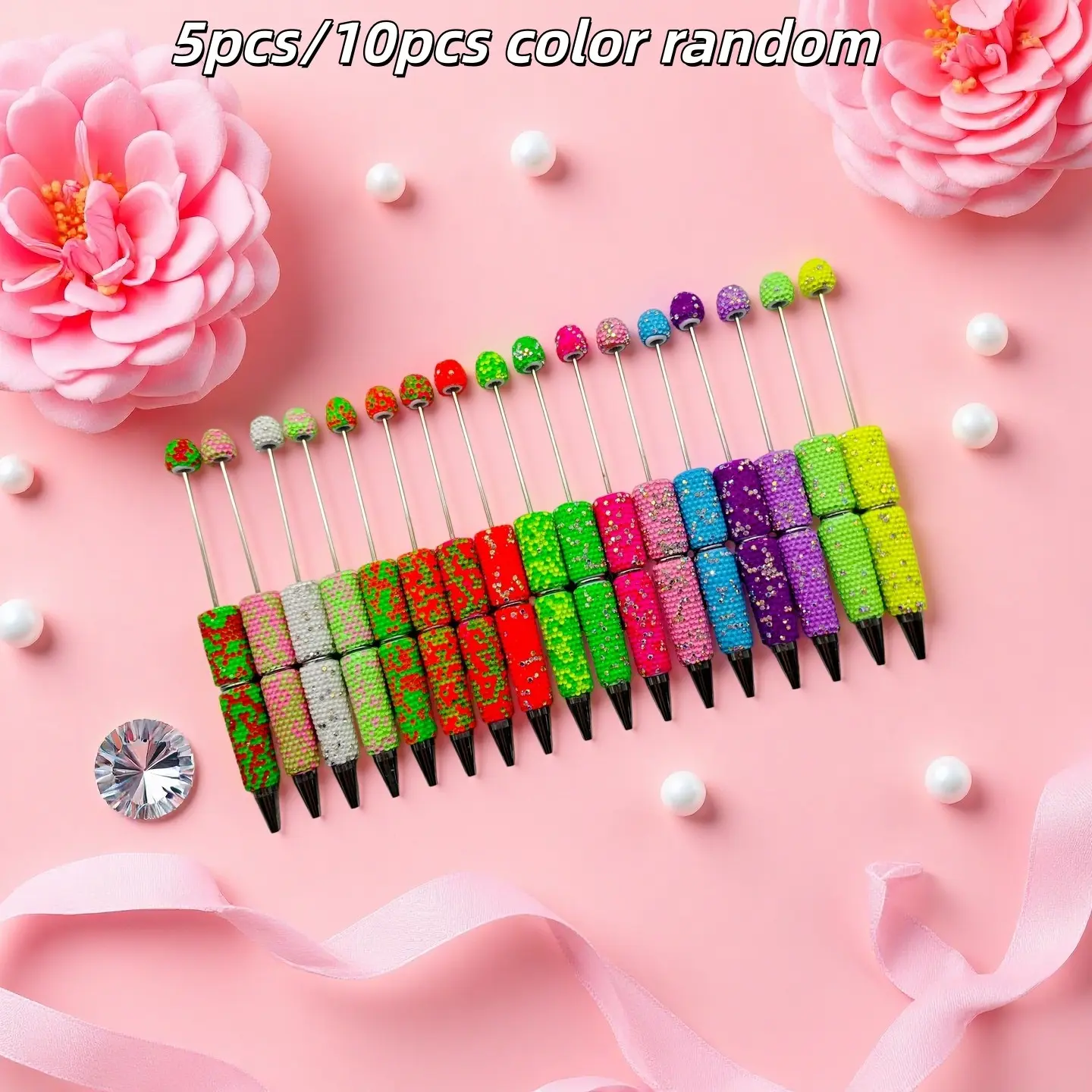 5pcs/10pcs Fluorescent Diamond DIY Bead Pens, Macaron Bright Colors, Standard 1.0mm Nib, Creative Craft Pens, Pen Set, Beaded Pens, Office Learning Writing Supplies
