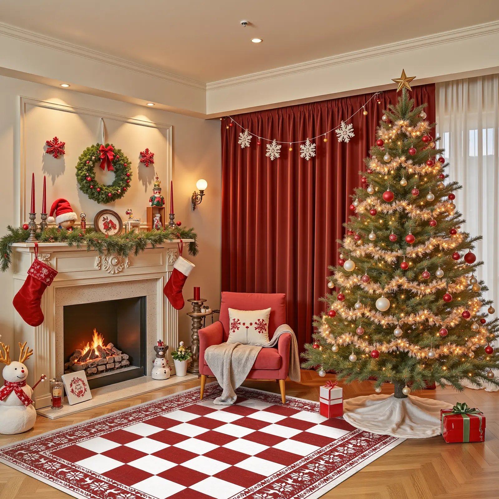 5x7 Christmas Area Rug, Snowflake Checkerboard Washable Pearl Velvet Carpet, Foldable Holiday Rug for Living Room Bedroom Entryway, Red