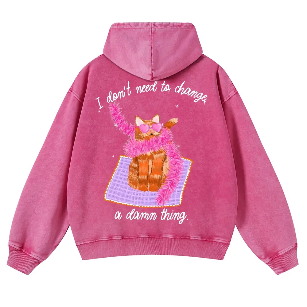 Pink Mineral Wash Cat Hoodie | Unisex Funny Orange Cat Graphic Oversized Sweatshirt Retro Y2K Aesthetic Pullover Hoody with Sassy Self-Love Quote