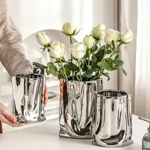 Electroplating Ceramic Silver Flower Vase Luxury Wind Power Cerc Decorative Piece for Living Room Dining Table Creative Decoration(Small)