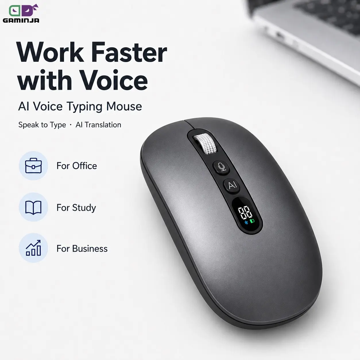 GAMINJA AI Smart Voice Mouse – Wireless Bluetooth Mouse with Voice Typing, Translation & Smart AI Assistant, Silent Ergonomic Mouse for Laptop & PC