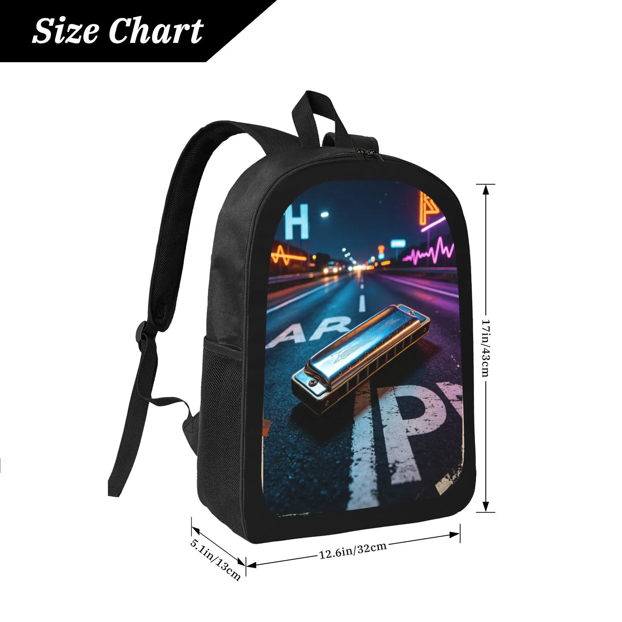 Harmonica Neon Night City Street Backpack 15 Inch Laptop Bag Durable Oxford Travel Rucksack for Men Women