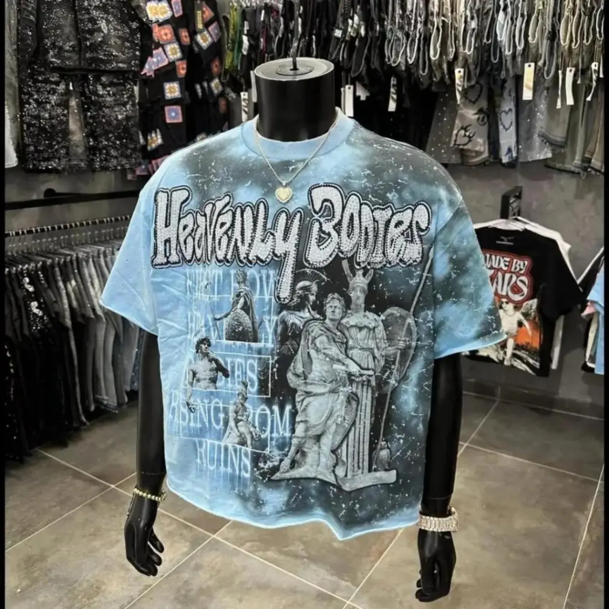 Y2K Trend Couple Matching T-Shirt Hip Hop Retro Distressed Sky Blue Marble Statue Rhinestone Graphic Cotton Short Sleeve Cool Personality Casual Fashion Tee Oversized Unisex Birthday Holiday Gift For Teens Men Women Street Skate Lovers