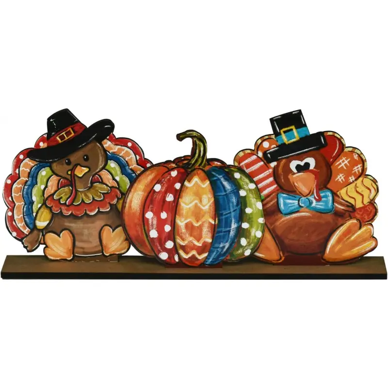Wooden tabletop ornaments of turkey and pumpkin for Thanksgiving, painted pilgrim turkey centerpiece decorations for tables, rustic tiered tray accessories with autumn harvest style, suitable for kitchen and home table decoration in autumn and Thanksgivin